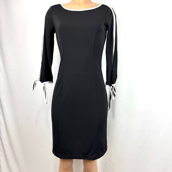 TALBOTS WOMENS XS BLACK WHITE ELBOW-SLEEVE TIE SMOOTH JERSEY DRESS BUSINESS EUC! - Picture 6 of 15
